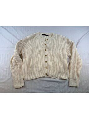 Jenni Kayne Cotton Hayes Crewneck Cardigan Womens XS Beige Knit Button Up